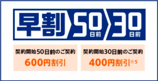 早割50日前30日前 契約開始50日前のご契約で600円割引 契約開始30日前のご契約で400円割引※6